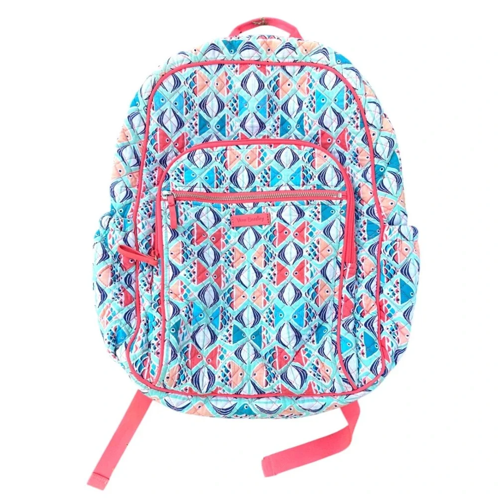 Vera Bradley Iconic Campus Quilted Cotton Backpack Go Fish Print Orange Blue